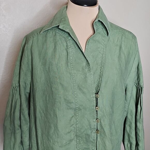 Soft Surroundings Large Linen Tunic Dress, Collar And 3/4 Sleeves Olive Green - Picture 2 of 8